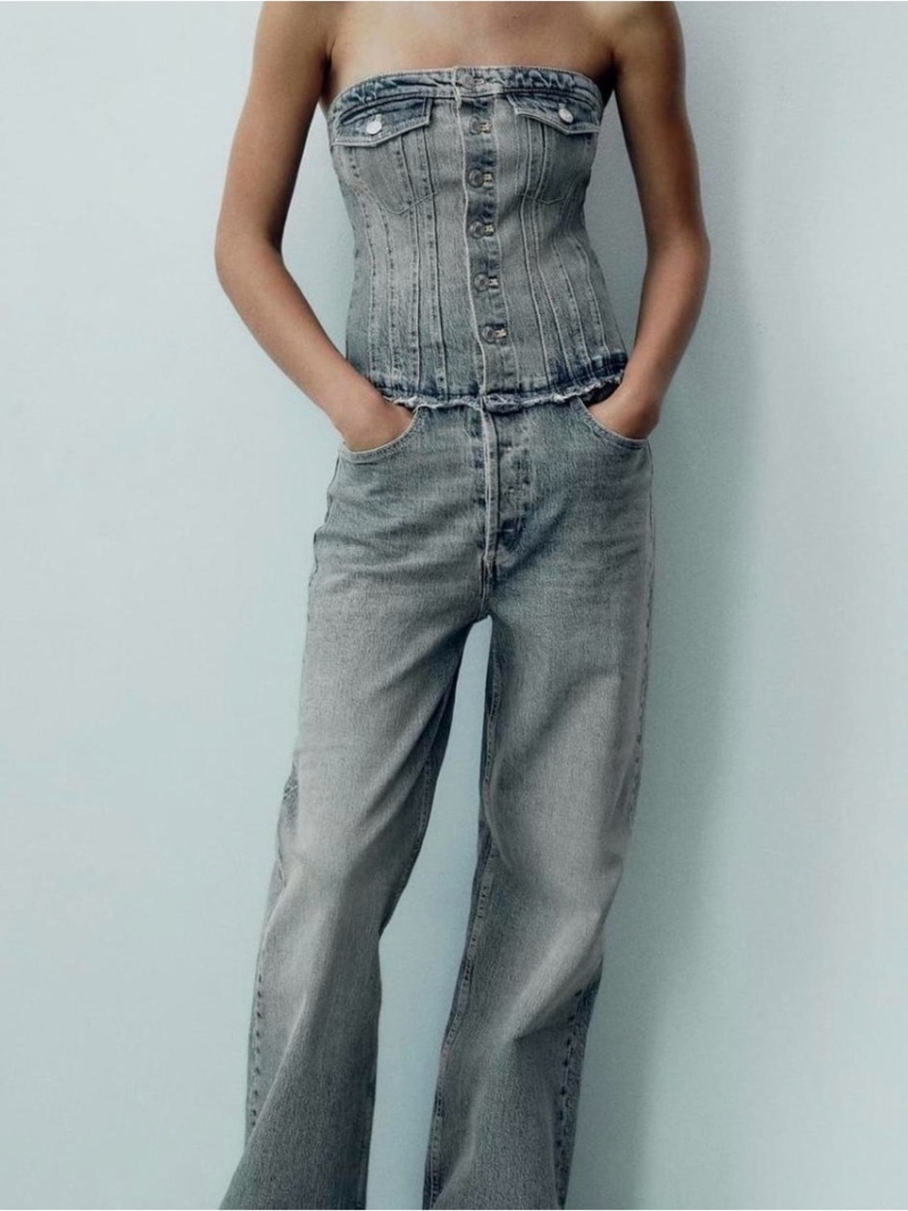 Zara Denim Strapless Jumpsuit Size Small